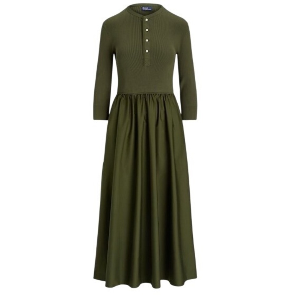NWT Polo Ralph Lauren Henley Hybrid Dress Mixed Media Green Ribbed Knit Sz M